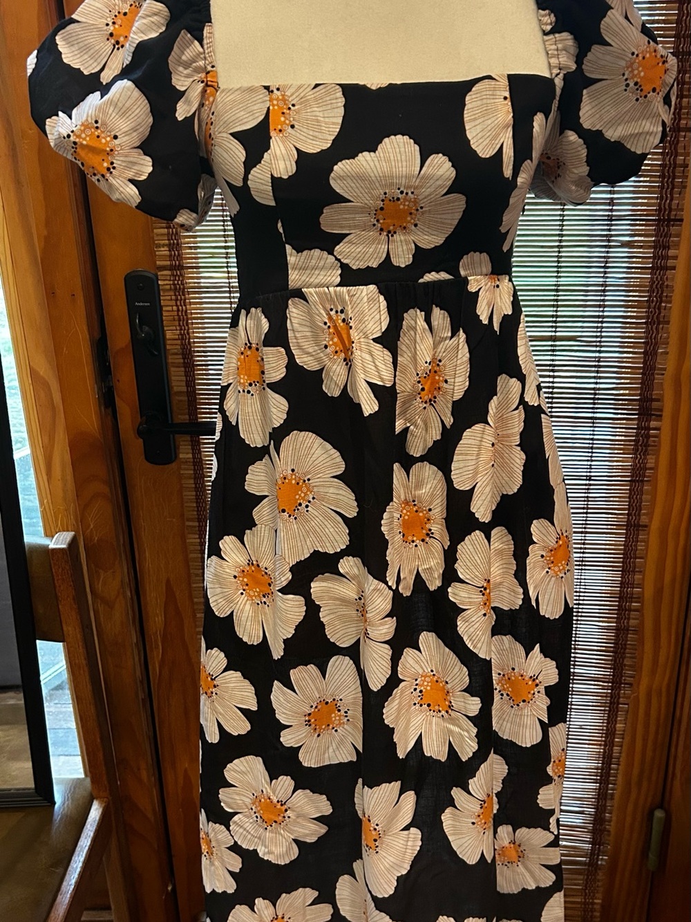 Black Midi Dress with Cream and Orange Floral Print